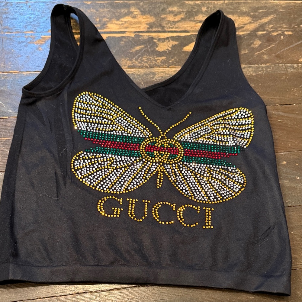 Black Crop Top with Gold and Green Butterfly Design
